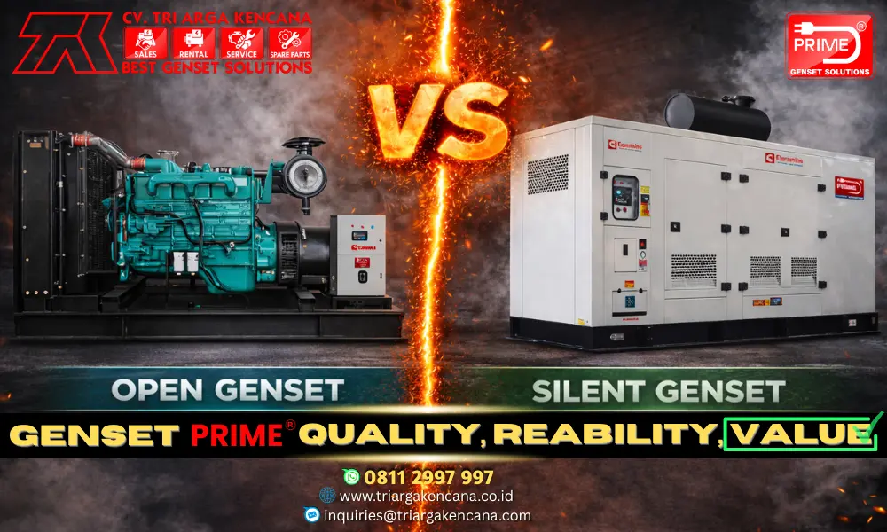 Perbandingan genset silent vs open lengkap dengan perbedaan desain, tingkat kebisingan, dan fungsi penggunaan